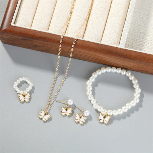 Pearl Ornament Butterfly Necklace For Women Bracelet Ring Earrings Suit