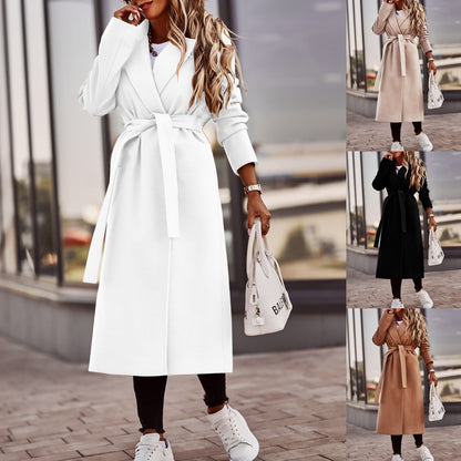 Autumn And Winter Simplicity Long Sleeve V-neck Lace Up Woolen Coat Top Women