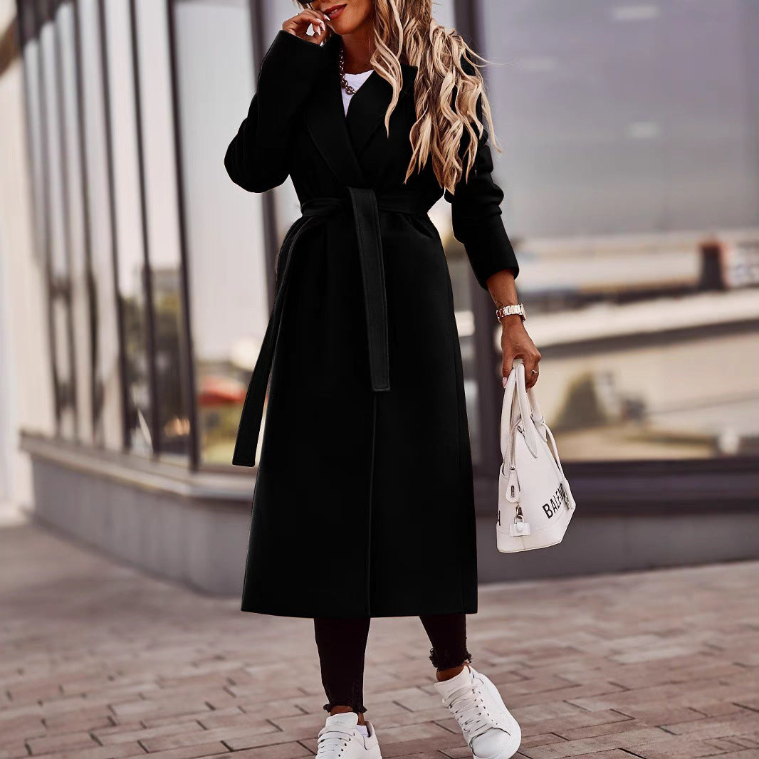 Autumn And Winter Simplicity Long Sleeve V-neck Lace Up Woolen Coat Top Women