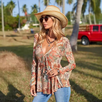 Fall Long Sleeve Shirt Printed V-neck Shirt