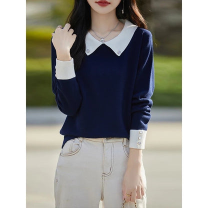 French Minority Young Contrast Color Lapels Bottoming Sweater For Women