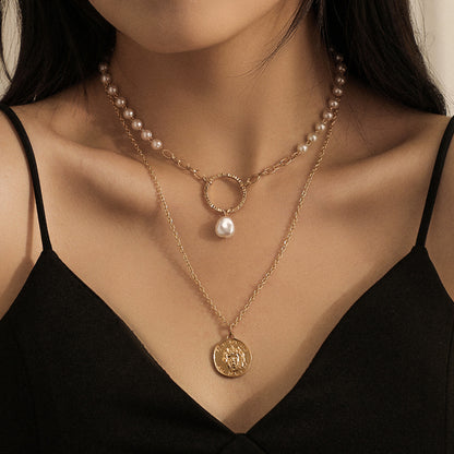 Double-layer Circle And Pearl Necklace Design Clavicle Chain