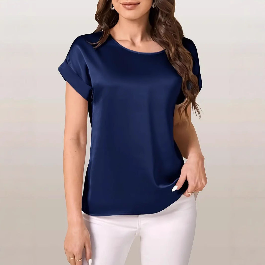 Round Neck Solid Color Smooth Surface Short Sleeve Loose