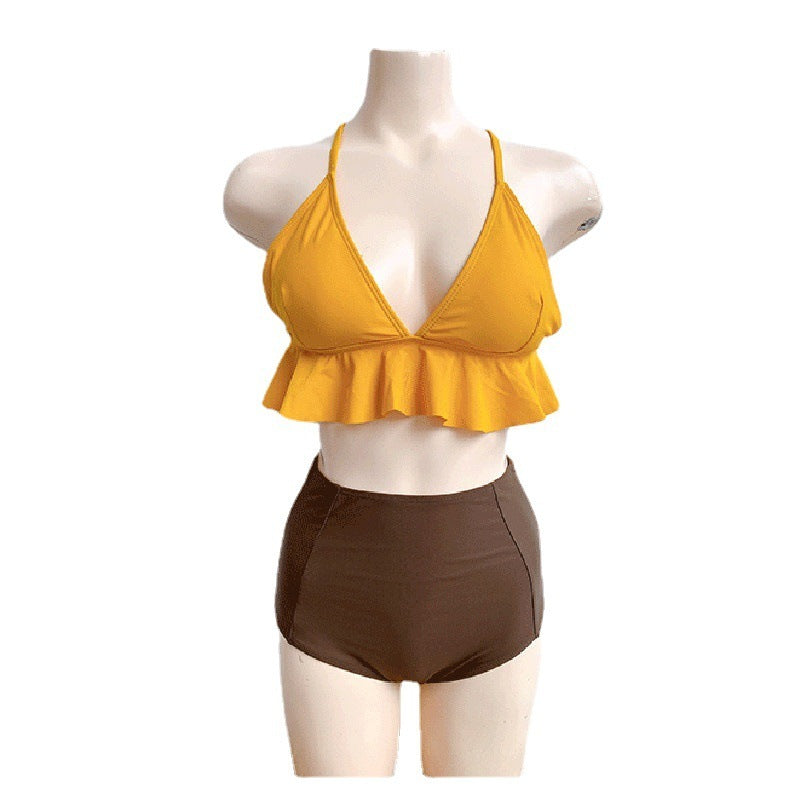 Split Ruffled Contrast Color Hot Spring Bathing Suit Women