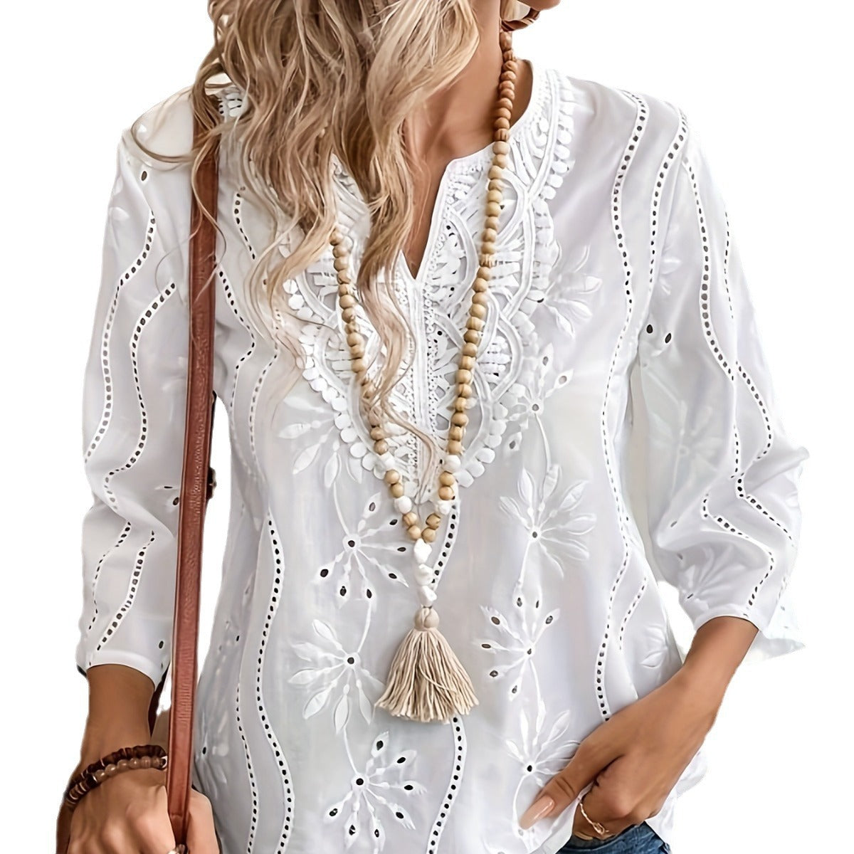 Loose V-neck Temperament Commute Embroidered Bell Sleeve Lace Top