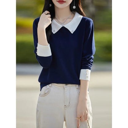 French Minority Young Contrast Color Lapels Bottoming Sweater For Women