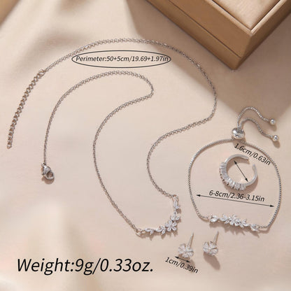 Simple Elegant Zircon Inlaid Jewelry Set Silver Flower Necklace Exquisite Earrings Bracelet Ring Suitable For Women's Daily Holiday Wear