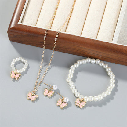 Pearl Ornament Butterfly Necklace For Women Bracelet Ring Earrings Suit