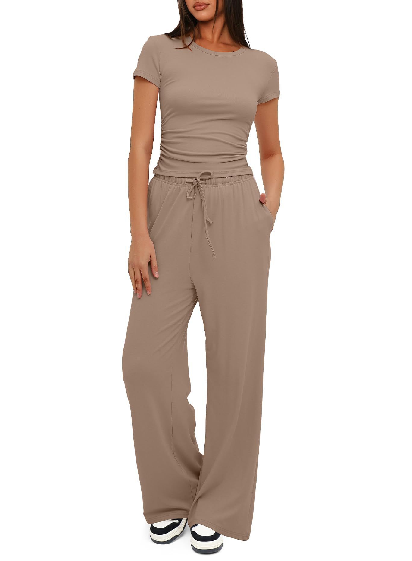 Women's Solid Color Pleated Short Sleeved Top And Wide Leg Pants