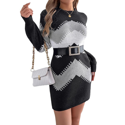 Color Matching Lantern Sleeve Sweater Dress Beauty Clothing