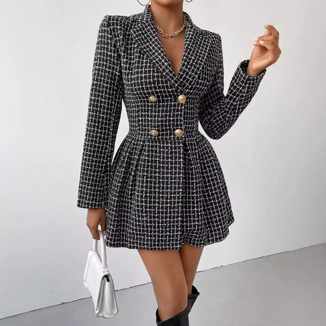 Fashion Plaid Temperament Commute V-neck Long Sleeve Skirt Coat