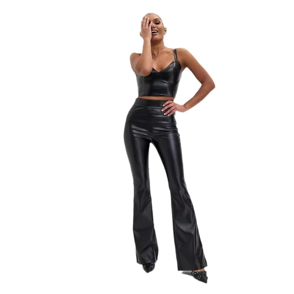 Black Glossy Flared Pants Women