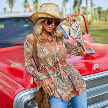 Fall Long Sleeve Shirt Printed V-neck Shirt