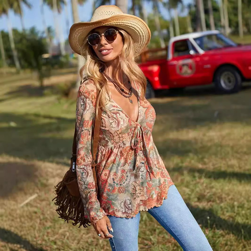 Fall Long Sleeve Shirt Printed V-neck Shirt