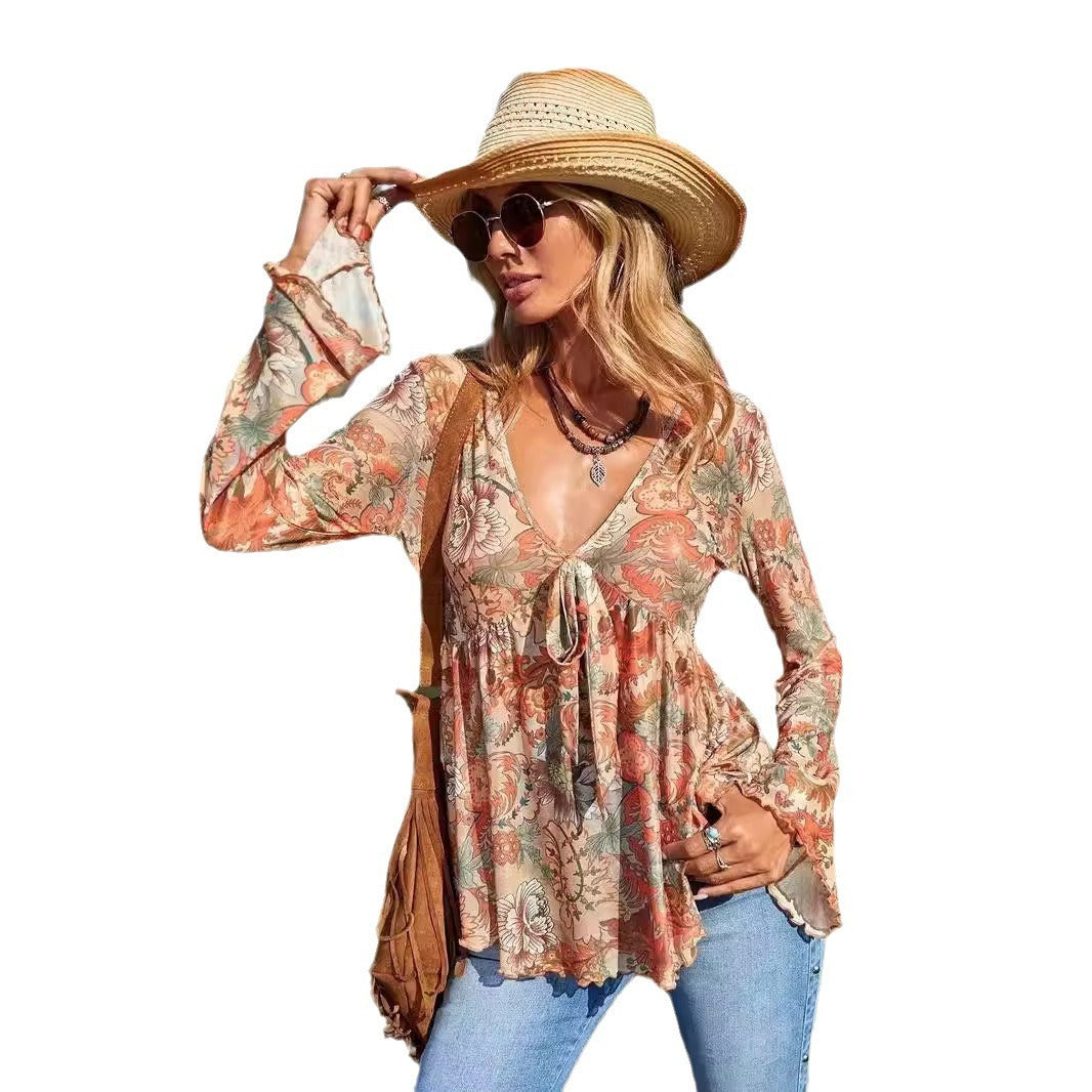 Fall Long Sleeve Shirt Printed V-neck Shirt