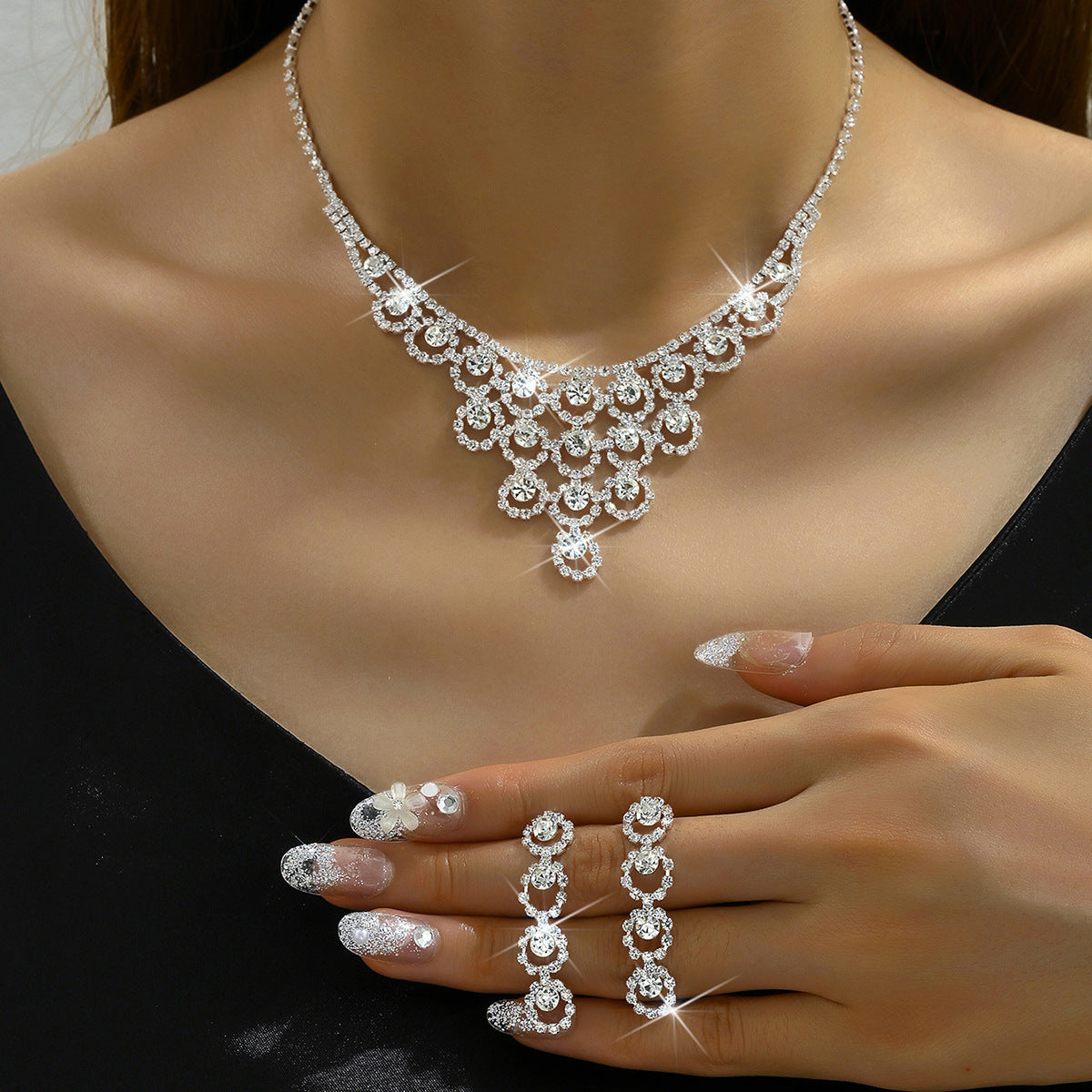 Rhinestone Necklace And Earrings Suite Women's Simple