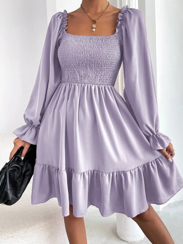 Square Collar Parallel Crepe Sewed Ruffled Hem Dress