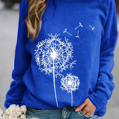 Dandelion Printed Long Sleeve Crew Neck Pullover Sweatshirt