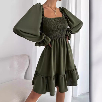 Square Collar Parallel Crepe Sewed Ruffled Hem Dress