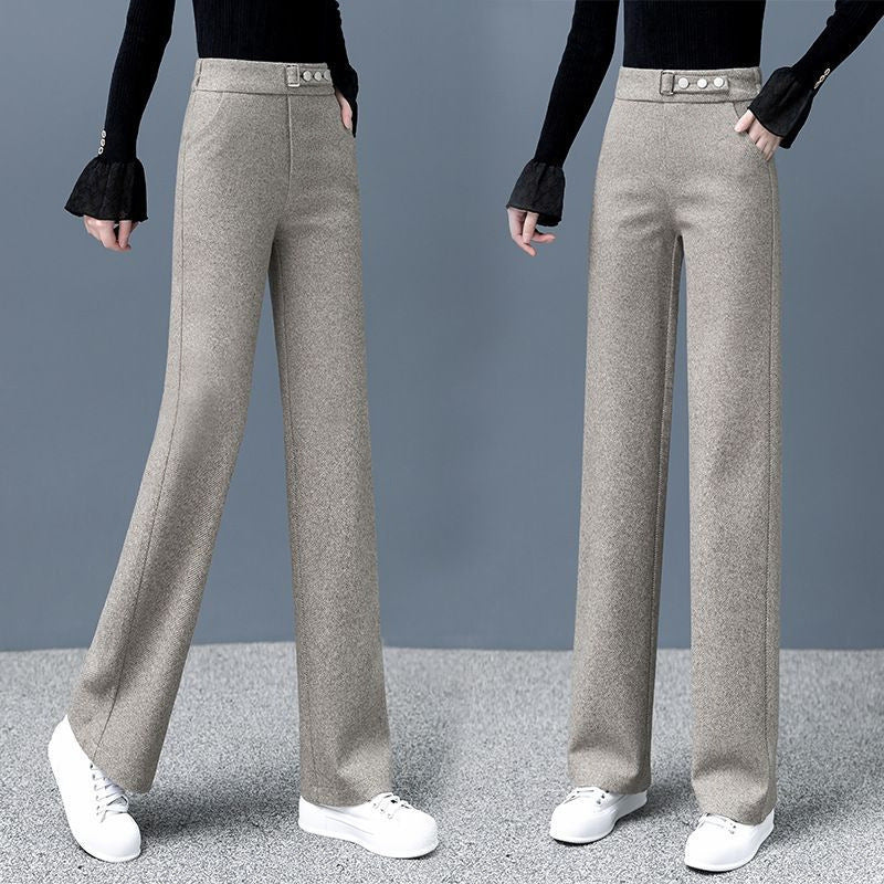 Wide Leg Woolen Pants Women's High Waist Baggy Straight Trousers