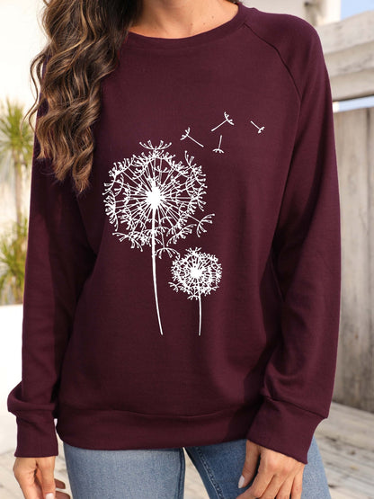 Dandelion Printed Long Sleeve Crew Neck Pullover Sweatshirt