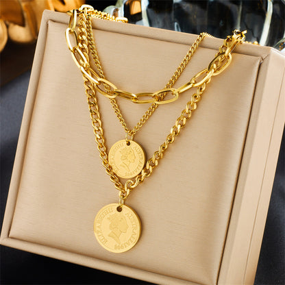 Multi-layer Twin Metal Coin Round Plate Pendant Necklace