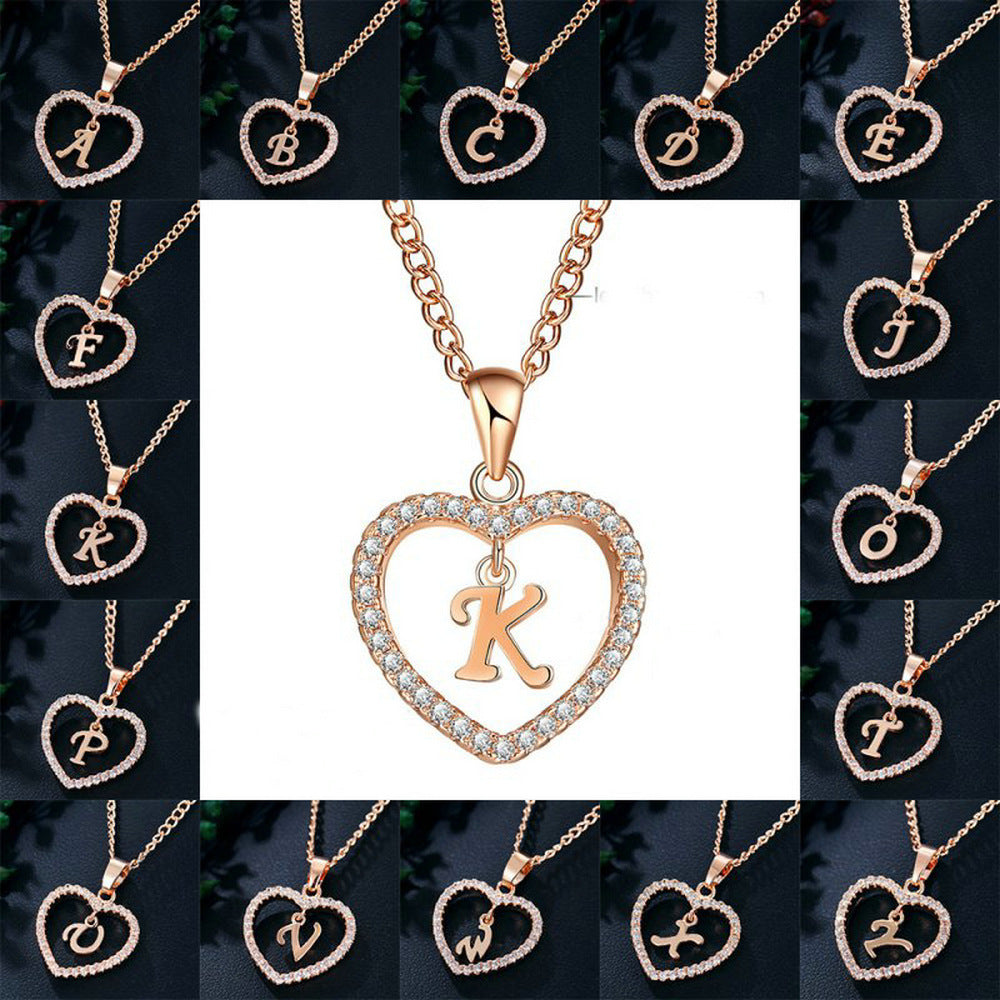 26 Letters Heart-shaped Zircon Pendant Necklace