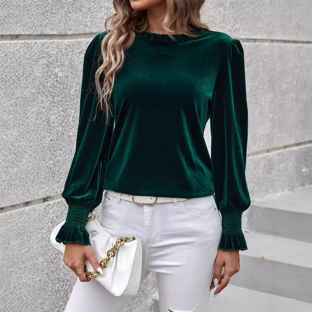 Velvet Pleuche Long Sleeve Smocking Cuff Top