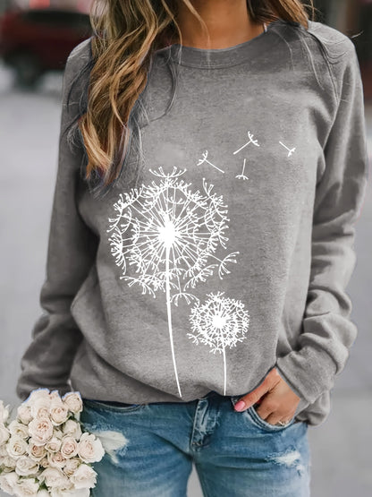 Dandelion Printed Long Sleeve Crew Neck Pullover Sweatshirt