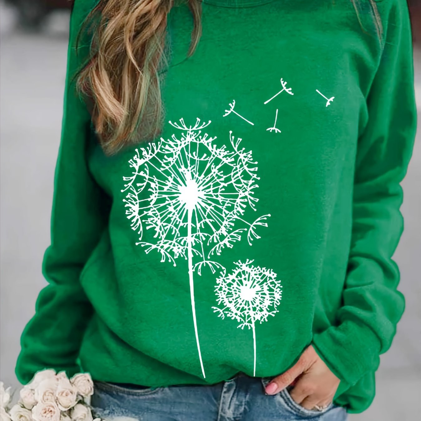 Dandelion Printed Long Sleeve Crew Neck Pullover Sweatshirt