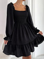 Square Collar Parallel Crepe Sewed Ruffled Hem Dress