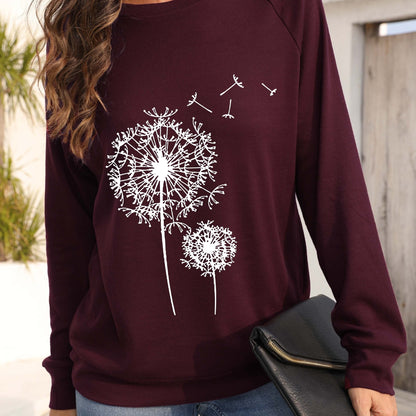 Dandelion Printed Long Sleeve Crew Neck Pullover Sweatshirt