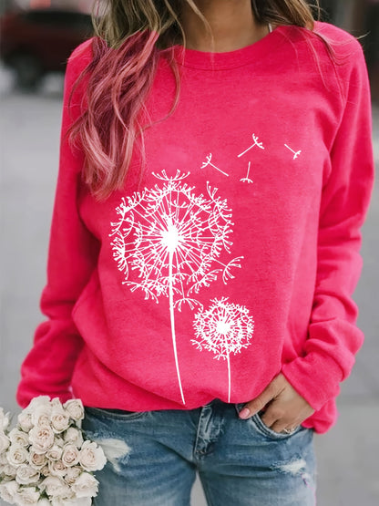 Dandelion Printed Long Sleeve Crew Neck Pullover Sweatshirt