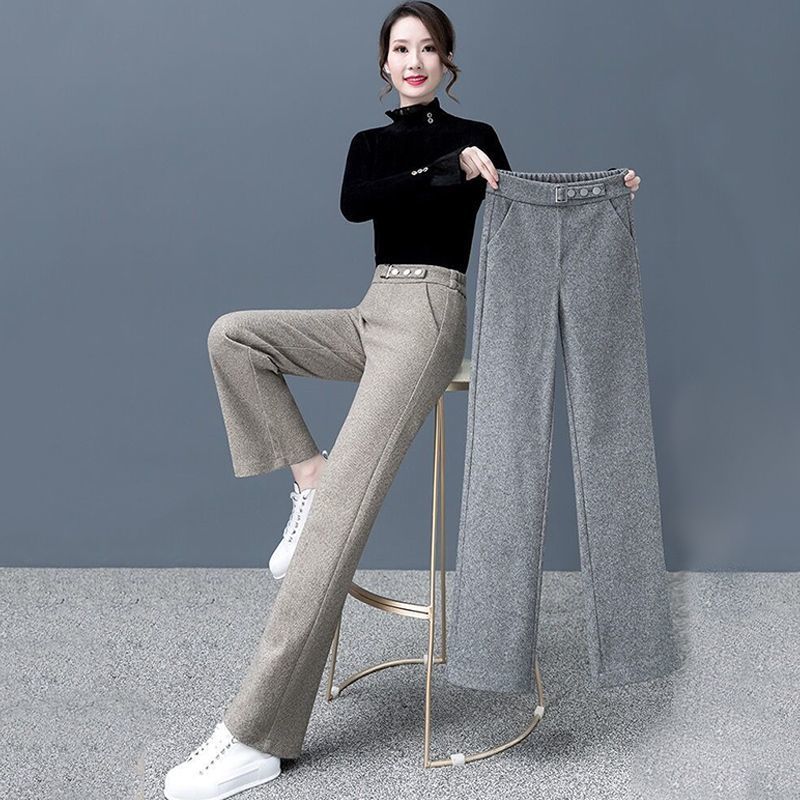 Wide Leg Woolen Pants Women's High Waist Baggy Straight Trousers