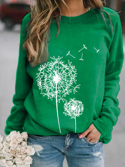 Dandelion Printed Long Sleeve Crew Neck Pullover Sweatshirt