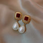 Retro Wine Red Pearl Earrings For Women Hong Kong Style