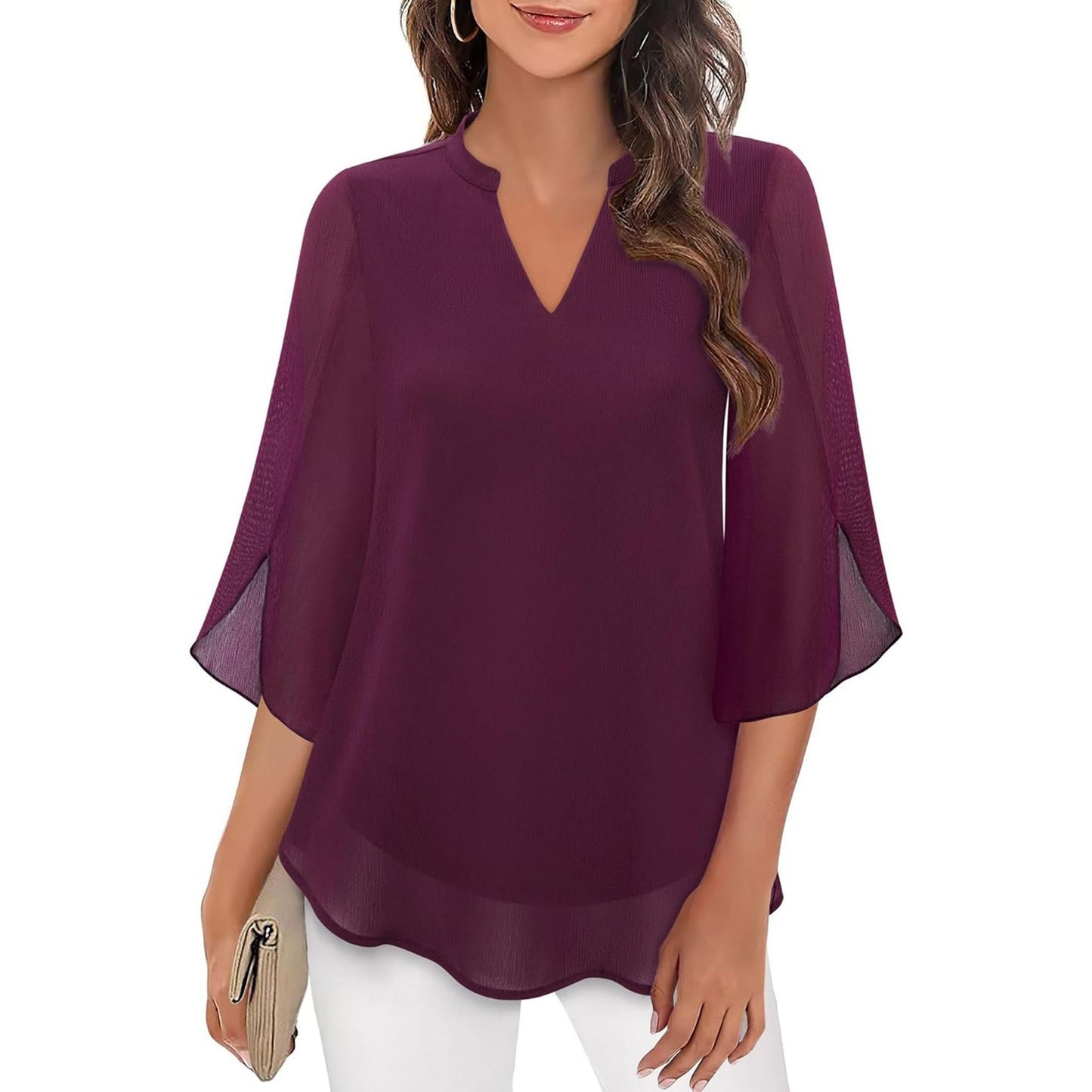 Women's Petal Sleeve Top Loose V-neck Chiffon Shirt