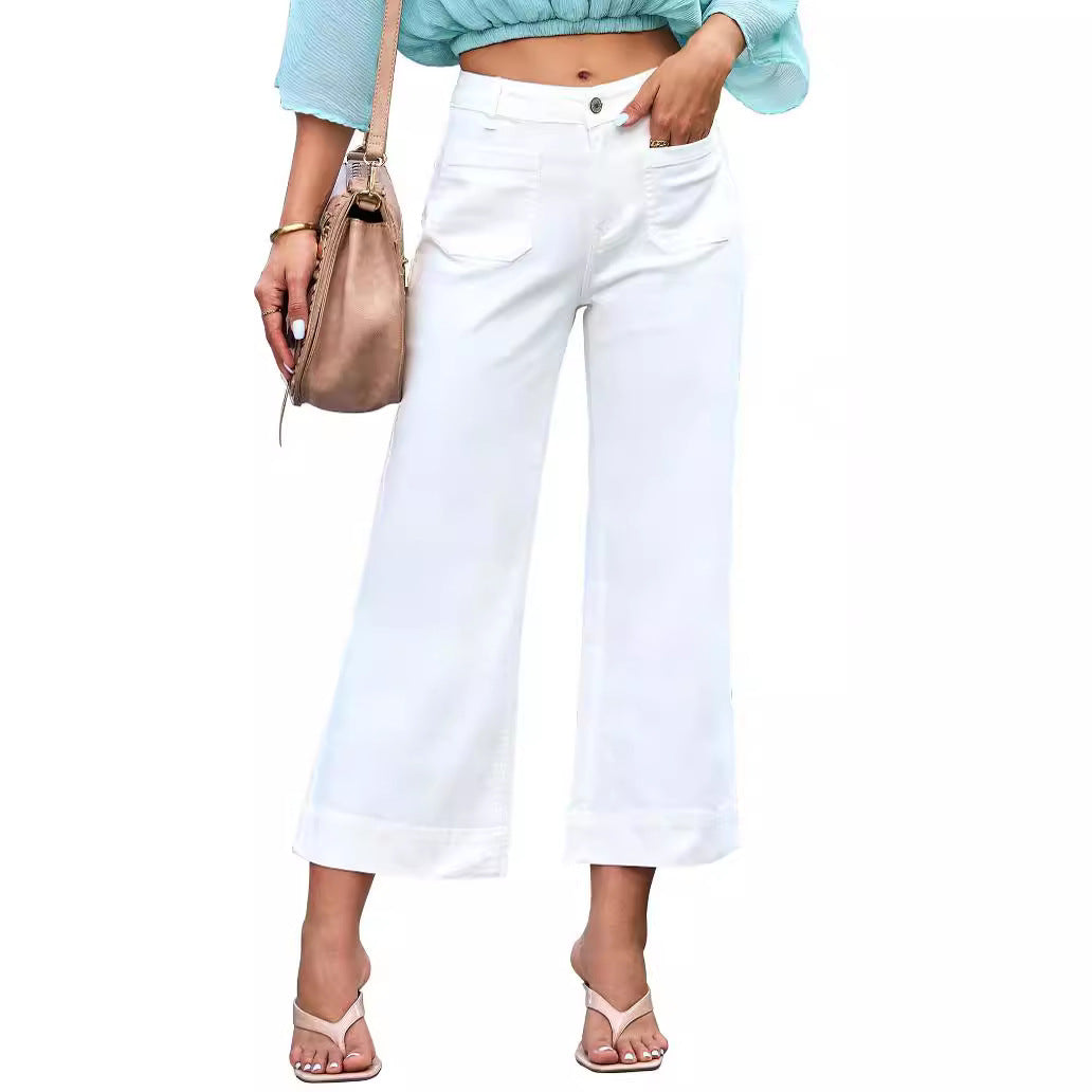 Slimming And Wide Leg Straight-leg Pants Washed Jeans Cropped Pants