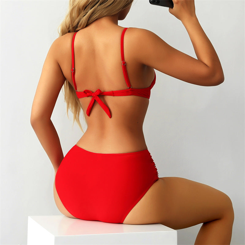 Pure Color Bikini Split Swimsuit Female European And American Sexy Lace-up Backless