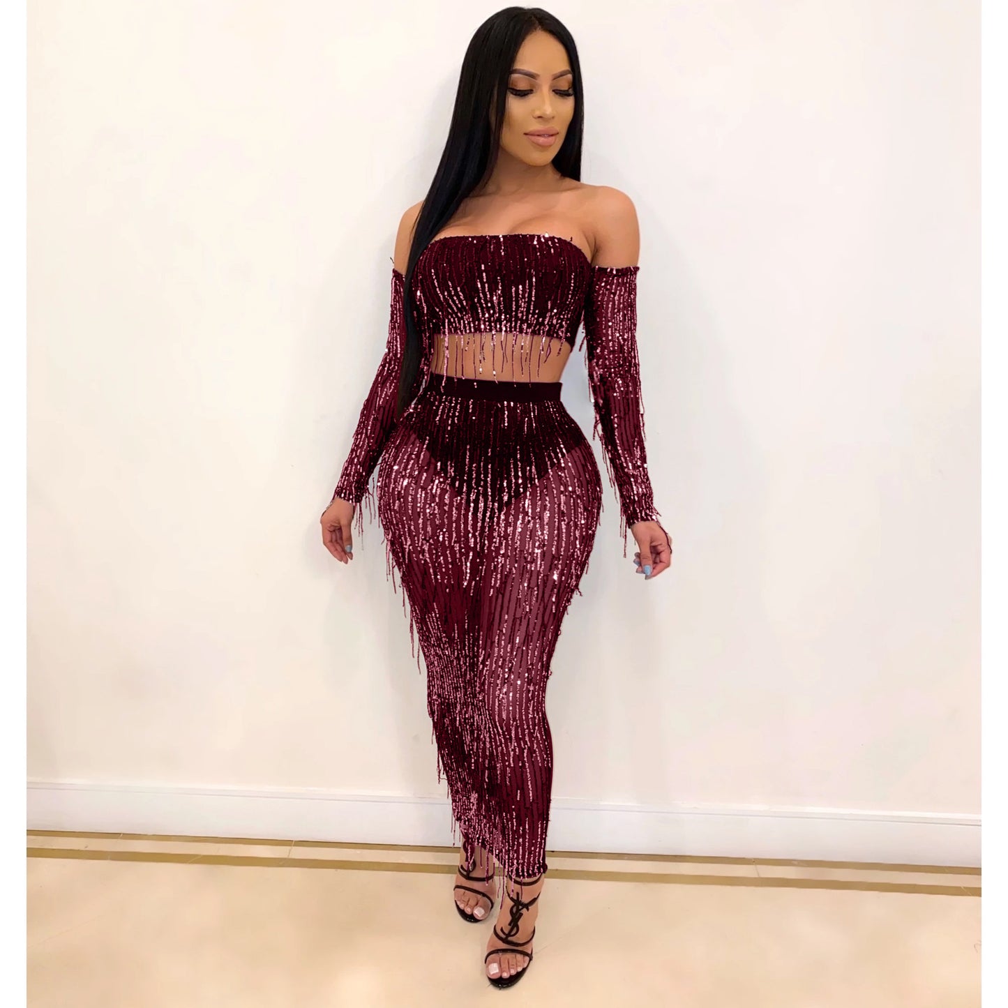 Fashion Sexy See-through Mesh Sequins Tassel Two-piece Set