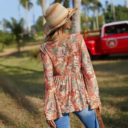 Fall Long Sleeve Shirt Printed V-neck Shirt