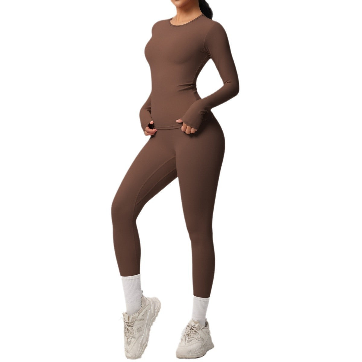 Double-sided Sanding Pure Color Tight Training Long Sleeve Yoga Clothes Suit