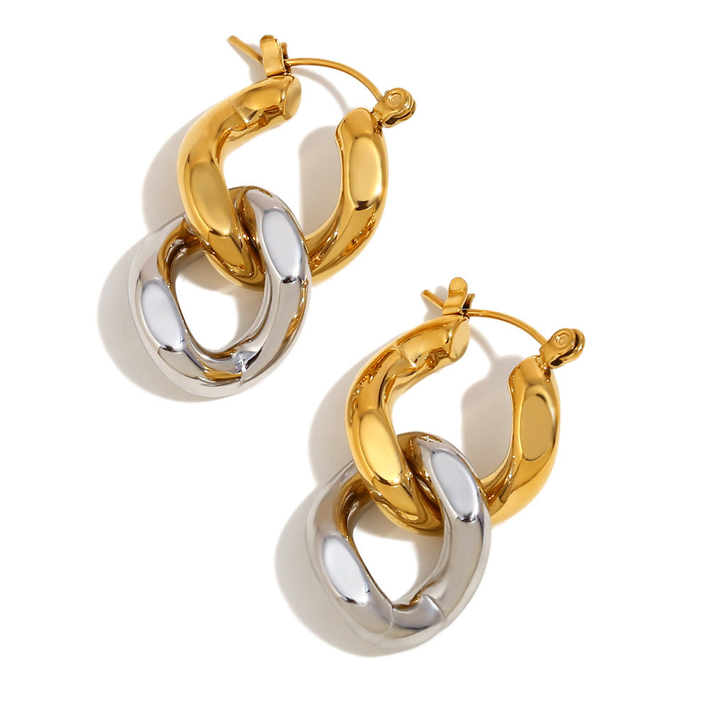 18K Gold Two-color Chain Stud Earrings For Women