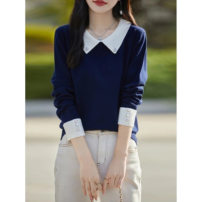 French Minority Young Contrast Color Lapels Bottoming Sweater For Women