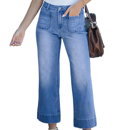 Slimming And Wide Leg Straight-leg Pants Washed Jeans Cropped Pants