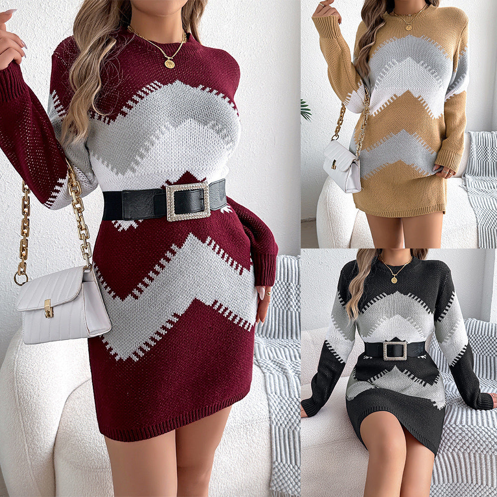 Color Matching Lantern Sleeve Sweater Dress Beauty Clothing