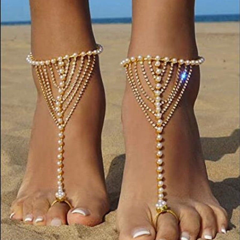 Beach Foot Ornaments Fashion Luxury Multi-layer Diamond Claw Chain Pearl Tassel