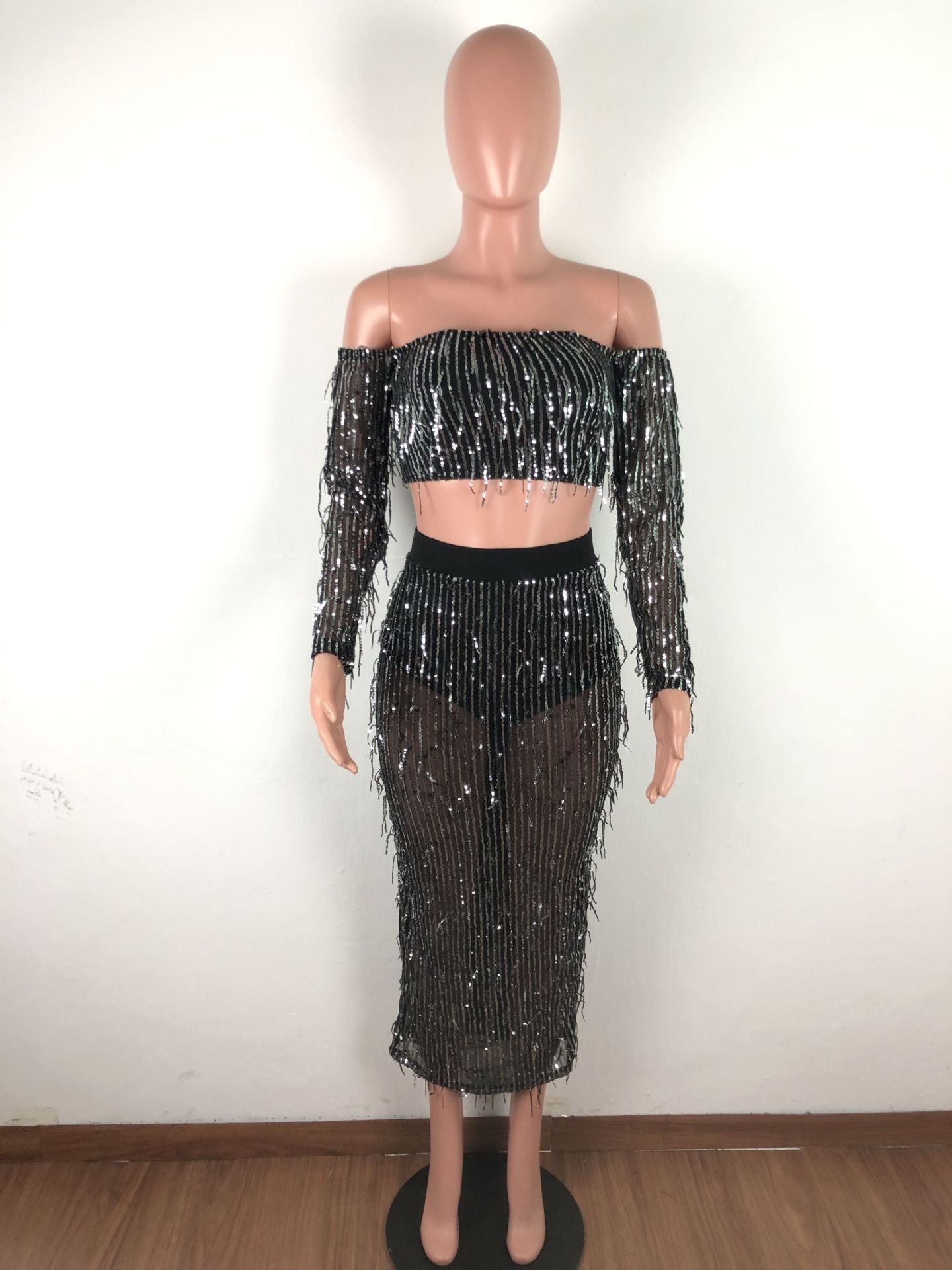 Fashion Sexy See-through Mesh Sequins Tassel Two-piece Set