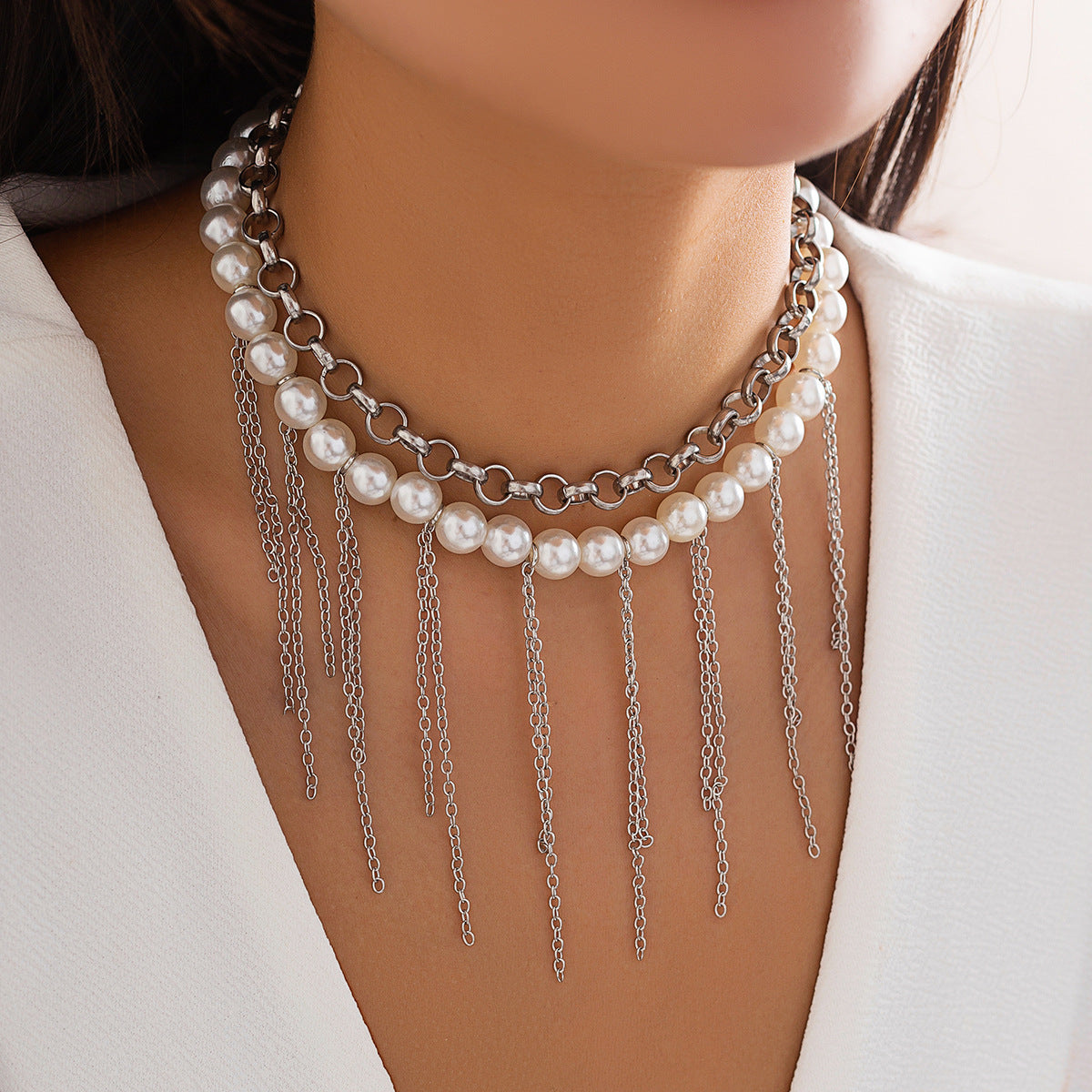 Pearl Tassel Fun Design Double-layer Retro Necklace Women's Accessories