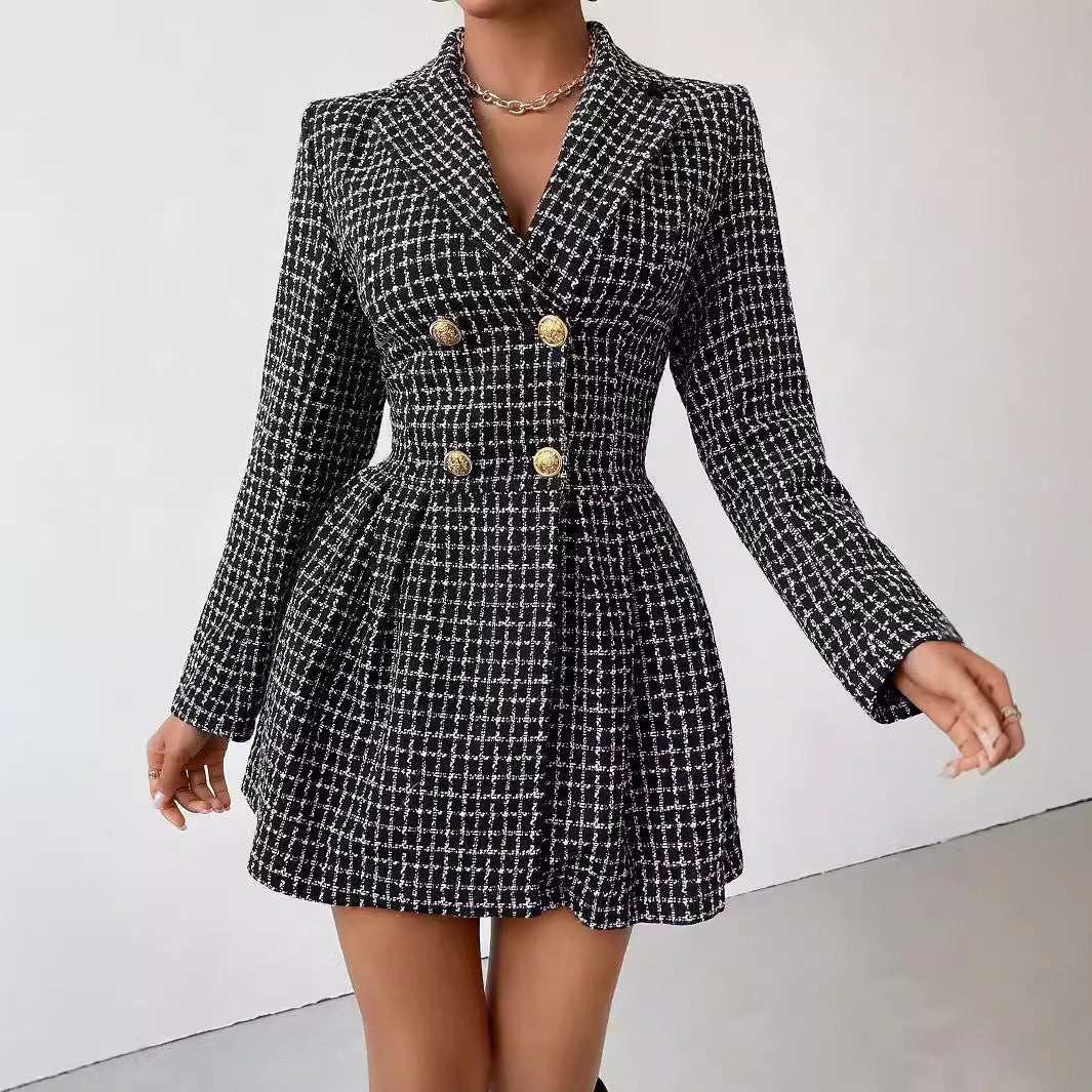 Fashion Plaid Temperament Commute V-neck Long Sleeve Skirt Coat